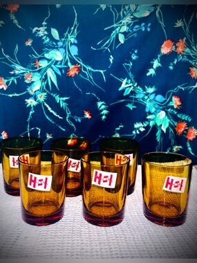 Vtg 1960s Set of (6) Himark MCM Lowball Amber Glass Tumblers